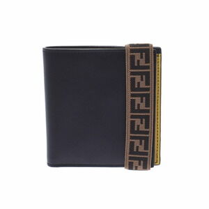Fendi Compact Bi fold Wallet Black Yellow Leather Billfold